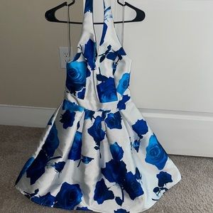 Blue/ white silk halter floral dress